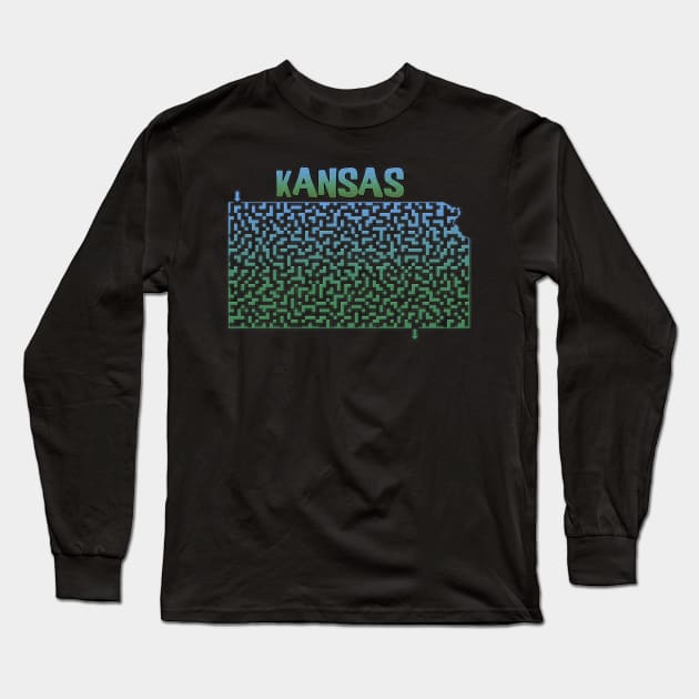 Kansas State Outline Maze & Labyrinth Long Sleeve T-Shirt by gorff